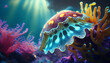 Colorful tropical octopas scene background, Life in the coral reef underwater, sunlight, clear water ocean, travel concept, Ai generated image.