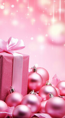 Wall Mural - Christmas and New Year story template for social media. Pink Christmas gift boxes and balls.