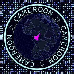 Fototapete - Cameroon on globe vector. Futuristic satellite view of the world centered on Cameroon. Geographical illustration with shape of country and squares background. Bright neon colors on dark background.