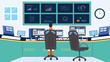 Security control room interior with multiple monitors displaying video vector Illustration