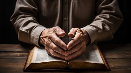 Hands together in praying to God along with the holy bible book