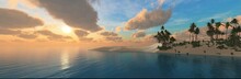 Beautiful Sea Beach With Palm Trees At Sunset, Sea And Sky With Clouds, 3D Rendering