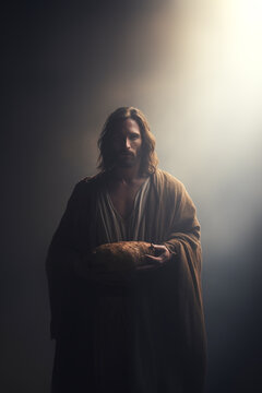 Jesus holding a loaf of bread - the holy communion - misty background