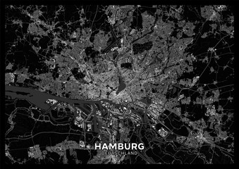 Wall Mural - Hamburg map. Detailed dark map poster of Hamburg (Germany). Natural features (lakes, rivers), various types of roads and buildings are grouped separately.