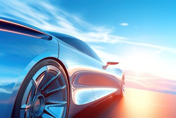 Futuristic electric car gliding along a highway under a beautiful blue sky, illustrating speed and innovation - a sustainable transportation concept