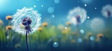 Fototapeta Dmuchawce - The unearthly beauty of dandelions among drops of dew, conveying the essence of spring awakening in a bewitching dance of light and shadow