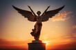 Statue of an angel with a triumphant stance at sunrise, travel destinations with anceint history