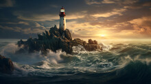  A Lighthouse On A Rock In The Middle Of The Ocean 
