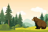 Fototapeta Pokój dzieciecy - Bear in a beautiful forest against the background of mountains. Simple flat vector illustration of a bear in the forest in cartoon style.