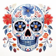 Wall Mural - Cinco de Mayo. Calavera: Abstract Mexican Sugar Skull. Watercolour Illustration Isolated on White  in Mexican Carnival Style.