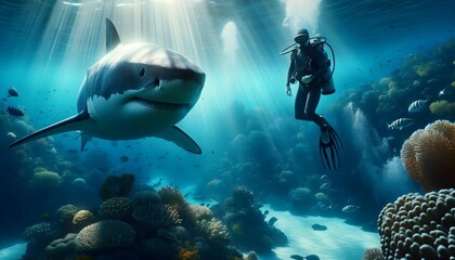 Wall Mural - Underwater photo, diving with great white shark, animal and wildlife background, wallpaper