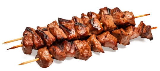 skewers with delicious meat on transparent background, png. Grilled pork skewers 