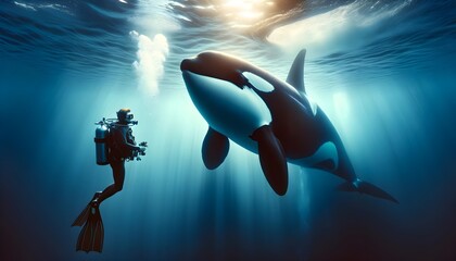 Wall Mural - Underwater photo, diving with orca killer whale, animal and wildlife background, wallpaper