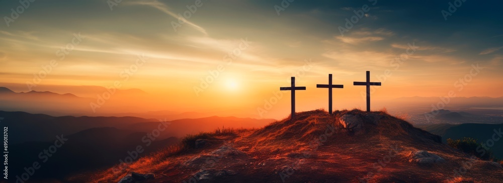 Crucifixion Of Jesus Christ At Sunrise three christian cross es on top ...