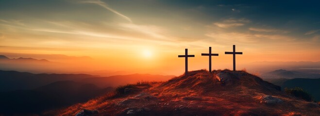 Wall Mural - Crucifixion Of Jesus Christ At Sunrise three  christian cross es on top of a Hill at sunset, easter and christian concept, horizontal background, copy space for text