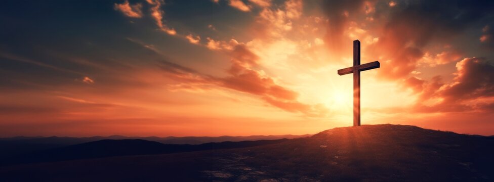 crucifixion of jesus christ at sunrise -a christian cross on top of a hill at sunset, easter and chr