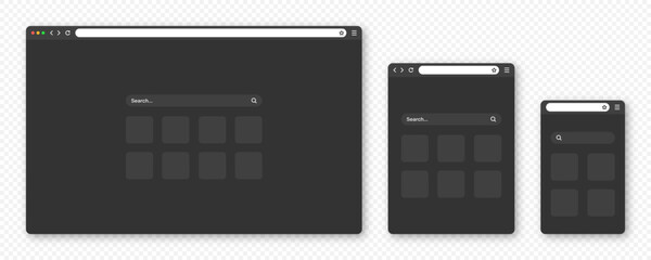 Fototapete - Blank web browser window with toolbar and search field. Modern website, internet page in flat style. Browser mockup for computer, tablet and smartphone. Adaptive UI, dark mode. Vector illustration