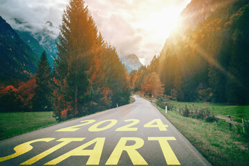 Wall Mural - 2024 New Year road trip travel and future vision concept . Nature landscape with highway road leading forward to happy new year celebration in the beginning of 2024 for bliss and successful start .