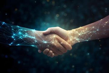 Handshake close up with digital particles network connection