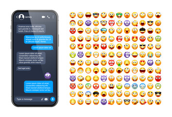 Smartphone messaging app, user interface with emoji. SMS text frame. Chat screen, blue message bubbles. Texting app for communication. Social media application. Dark mode. Vector illustration