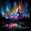 High single sharp mountain and the aurora borealis. Colorful impressionistic night mountain beautiful landscape.