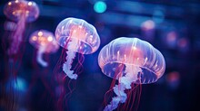 Beautiful Color Of Jellyfish In Underwater In The Dark Blue Ocean Water