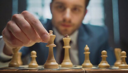  Businessman moving chess piece on chess board game