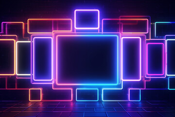 Wall Mural - neon light fluorescent abstract blue pink, rectangular shapes with rounded corners exhibition background fantastic fantasy