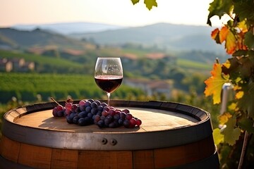 Wall Mural - glass of wine and grapes field background