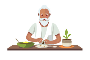 old man practicing Ayurveda isolated vector style illustration