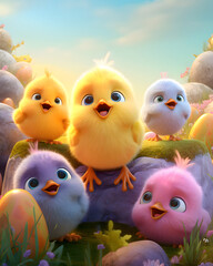 Wall Mural - Colorful Easter chicks in a wonderful fairy land