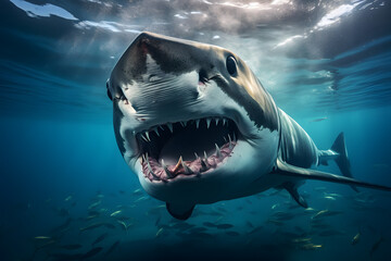 Wall Mural - Shark swimming in water, shark, great white shark, underwater fish, shark teeth