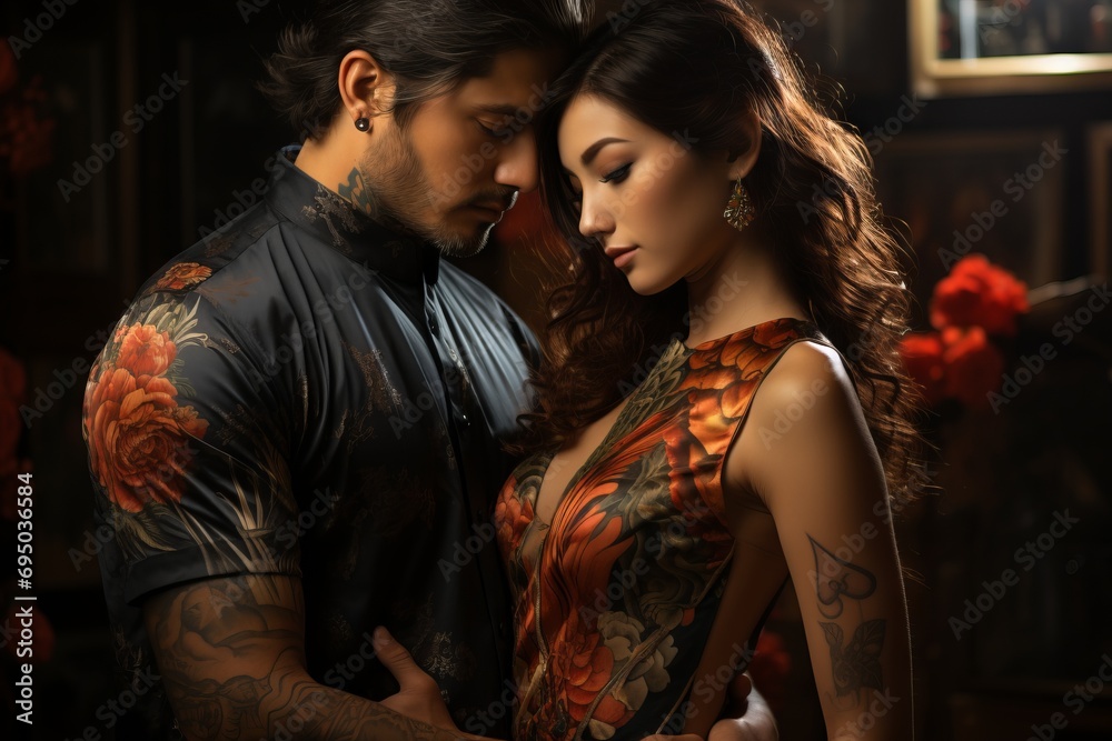 Japanese couple in traditional clothes hugging in front of a dark bar ...