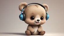 Beautiful Cute Cartoon Bear Listening To The Music By Wearing Headphones,  Wallpaper, Cute Baby Animals For Kids, High-resolution AI-generated Image