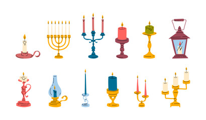 Fototapete - Cartoon Color Vintage Candlesticks with Burning Wax Candle Flame Icon Set Concept Flat Design Style. Vector illustration