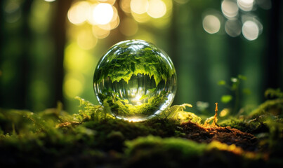 glass sphere in the forest among greenery, ferns and moss on a blurred background with highlights as a clean ecology concept