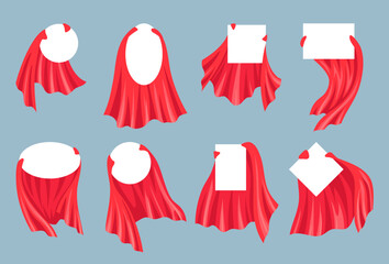 Poster - Cartoon Red Hero Cape Empty Template Label Set for Kids Product Advertising Concept Flat Design Style. Vector illustration