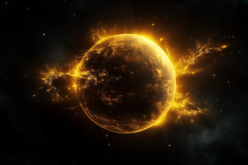 Wall Mural - planet yellow fictional abstract in dark space with dots of stars