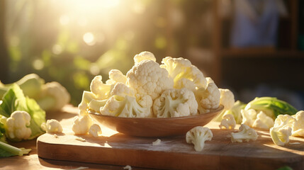 Ripe cauliflower in the bowl and kitchen background with sunny light. Created using generative AI.