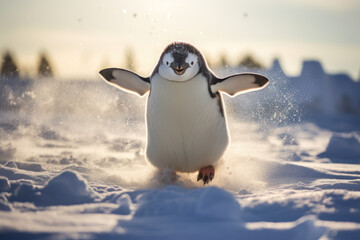 Wall Mural - A penguin doing a goofy dance in a field of snow, showcasing the lighter side of the Arctic. Generative Ai.