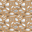 Background Sausages seamless pattern with butchery product. Hand drawn vector illustration backdrop. Smoked meat, bacon, sausages, pastrami, salami, herbs. Tasty meal, delicious snacks, food, menu