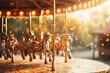 Blurred seaside carnival with lively rides and festive crowds, ideal for amusement park advertising.