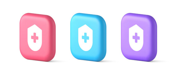 Poster - Medical secure shield check plus button approval medicine protection 3d speech bubble icon