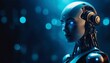 Highly detailed Portrait beautiful blonde robot with artificial intelligence. Text space. Blue technology background. Looking at camera