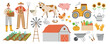 Cartoon cute farm elements. Funny farmers couple hold pitchfork and vegetables box, domestic animals and birds, village objects, vector set.eps