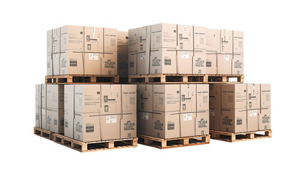 Cardboard boxes on pallets isolated on transparent a white background