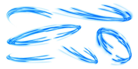 Blue air flow wave effect set. Design element for visualizing air or water flow. Light, light garland PNG. Light arc in blue colors, in the form of a turn and a zigzag.