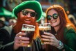 Smiling redheaded couple celebrates St. Patrick's Day with beer toast