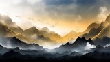 Fototapeta Niebo - Tło z górskim krajobrazem w odcieniach czerni i złota