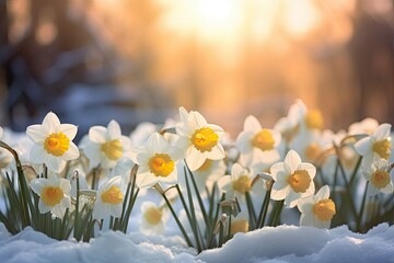 Wall Mural - spring flowers in the snow